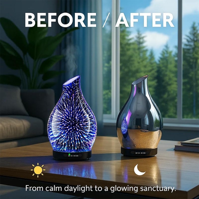 JOYOLO 120ML Essential Oil Diffuser, 3D Glass Aromatherapy Diffuser with Auto Shut-Off and 7 Color LED Lights, Ultrasonic Mist Humidifier with 4 Timer for Home Office Bedroom (3D Fireworks) - Image 3